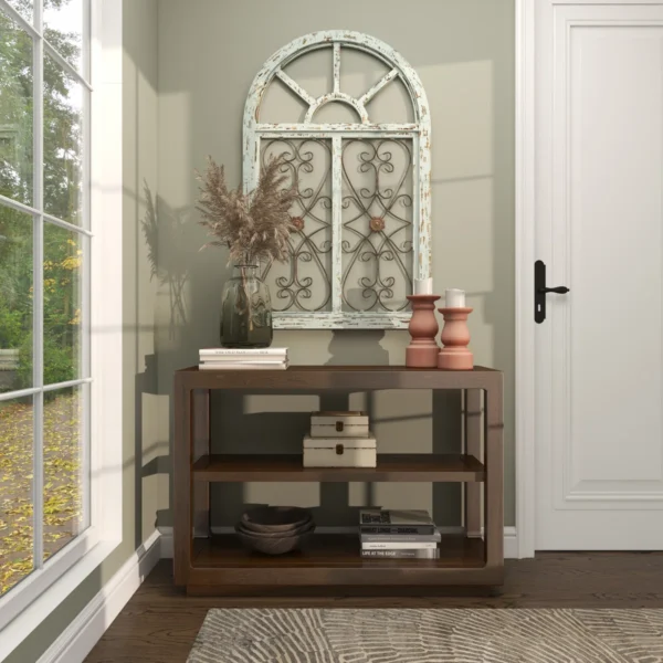 Arched wooden window frame wall decor in light blue with metal scrollwork, 45x28 inches, vintage farmhouse style Aesthetic craft