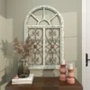 Arched wooden window frame wall decor in light blue with metal scrollwork, 45x28 inches, vintage farmhouse style Aesthetic craft