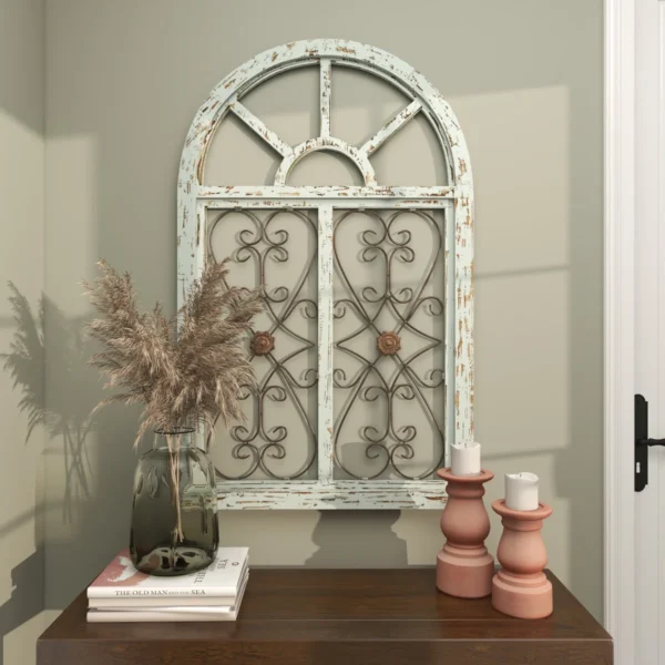 Arched wooden window frame wall decor in light blue with metal scrollwork, 45x28 inches, vintage farmhouse style Aesthetic craft