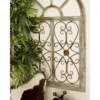 Arched wooden window frame wall decor in light blue with metal scrollwork, 45x28 inches, vintage farmhouse style Aesthetic craft