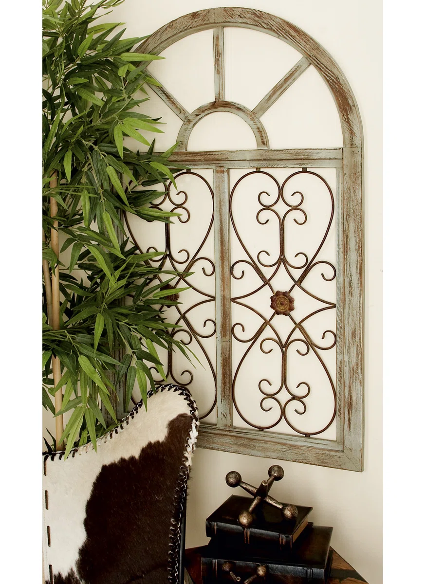 Arched wooden window frame wall decor in light blue with metal scrollwork, 45x28 inches, vintage farmhouse style Aesthetic craft Arched wooden window frame wall decor in light blue with metal scrollwork, 45x28 inches, vintage farmhouse style Aesthetic craft