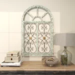 Arched Window Wall Decor – Light Blue Wood & Metal Scrollwork