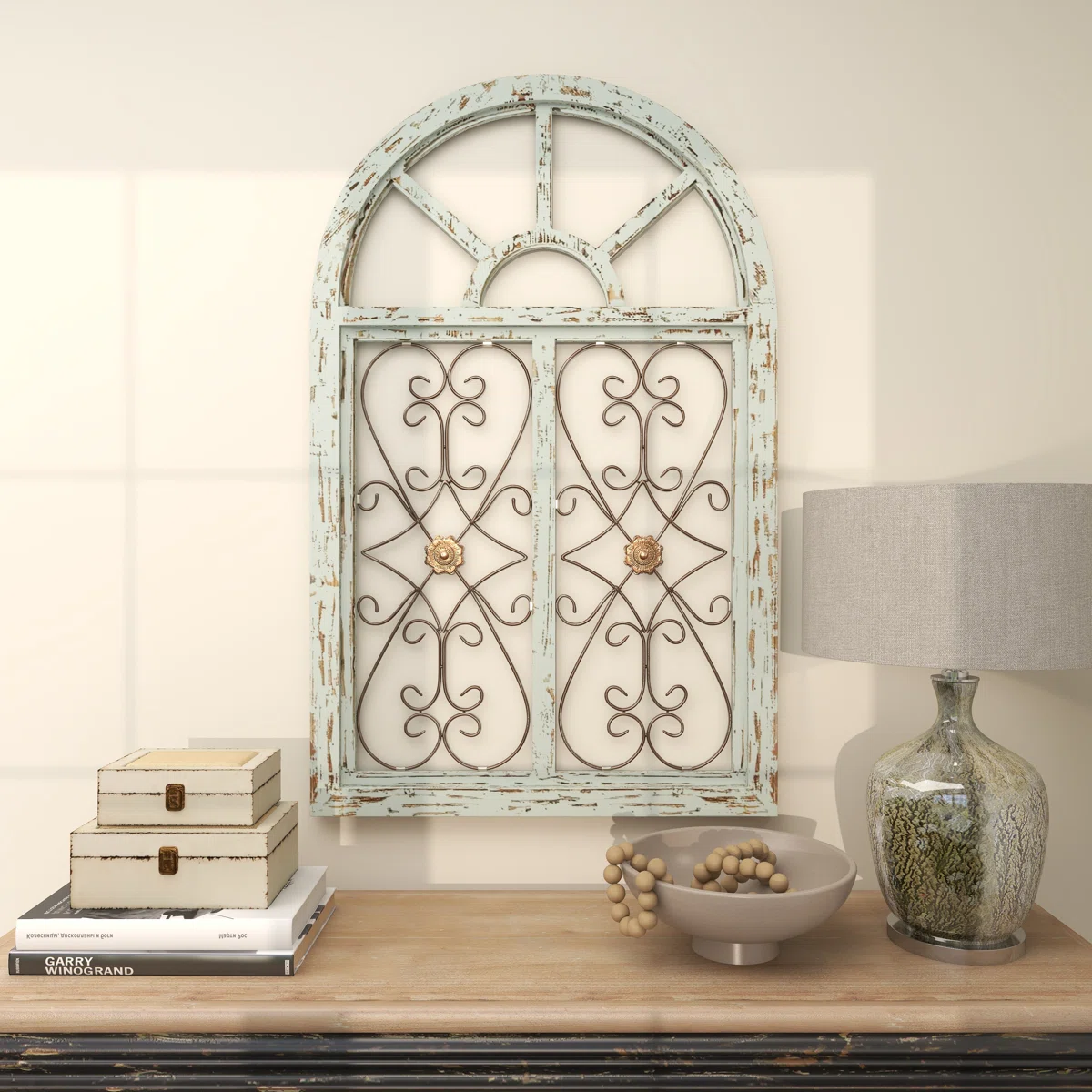 Arched wooden window frame wall decor in light blue with metal scrollwork, 45x28 inches, vintage farmhouse style Aesthetic craft