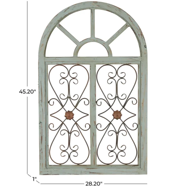 Arched wooden window frame wall decor in light blue with metal scrollwork, 45x28 inches, vintage farmhouse style Aesthetic craft