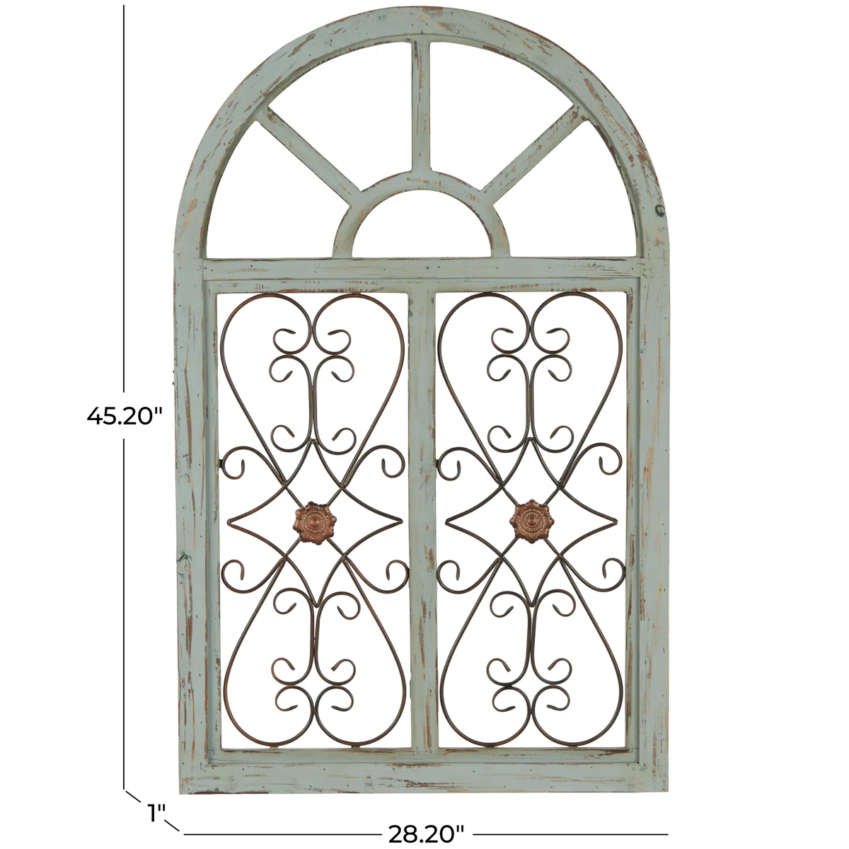 Arched wooden window frame wall decor in light blue with metal scrollwork, 45x28 inches, vintage farmhouse style Aesthetic craft Arched wooden window frame wall decor in light blue with metal scrollwork, 45x28 inches, vintage farmhouse style Aesthetic craft