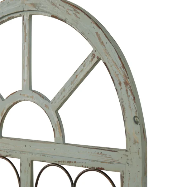 Arched wooden window frame wall decor in light blue with metal scrollwork, 45x28 inches, vintage farmhouse style Aesthetic craft