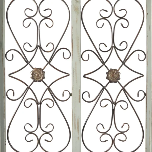Arched wooden window frame wall decor in light blue with metal scrollwork, 45x28 inches, vintage farmhouse style Aesthetic craft