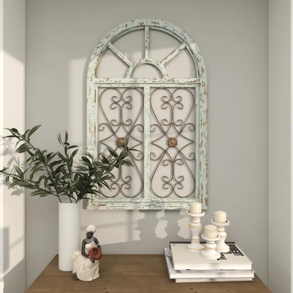 Arched wooden window frame wall decor in light blue with metal scrollwork, 45x28 inches, vintage farmhouse style Aesthetic craft
