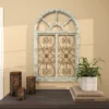 Arched wooden window frame wall decor in light blue with metal scrollwork, 45x28 inches, vintage farmhouse style Aesthetic craft