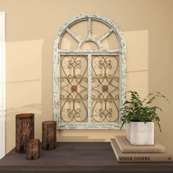 Arched wooden window frame wall decor in light blue with metal scrollwork, 45x28 inches, vintage farmhouse style Aesthetic craft
