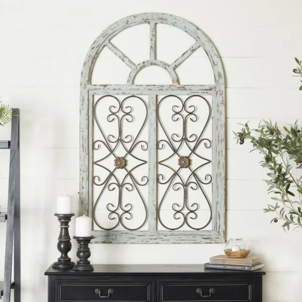 Arched wooden window frame wall decor in light blue with metal scrollwork, 45x28 inches, vintage farmhouse style Aesthetic craft