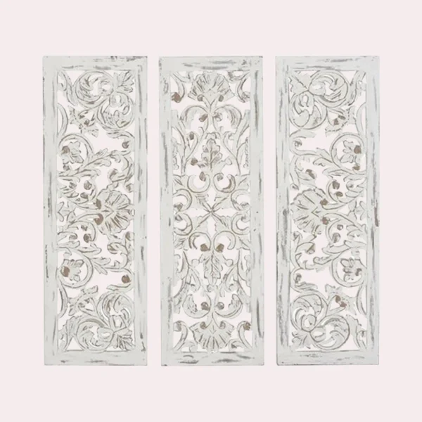 Set of 3 white carved wood wall panels with floral patterns, handmade solid wood decor Aesthetic craft