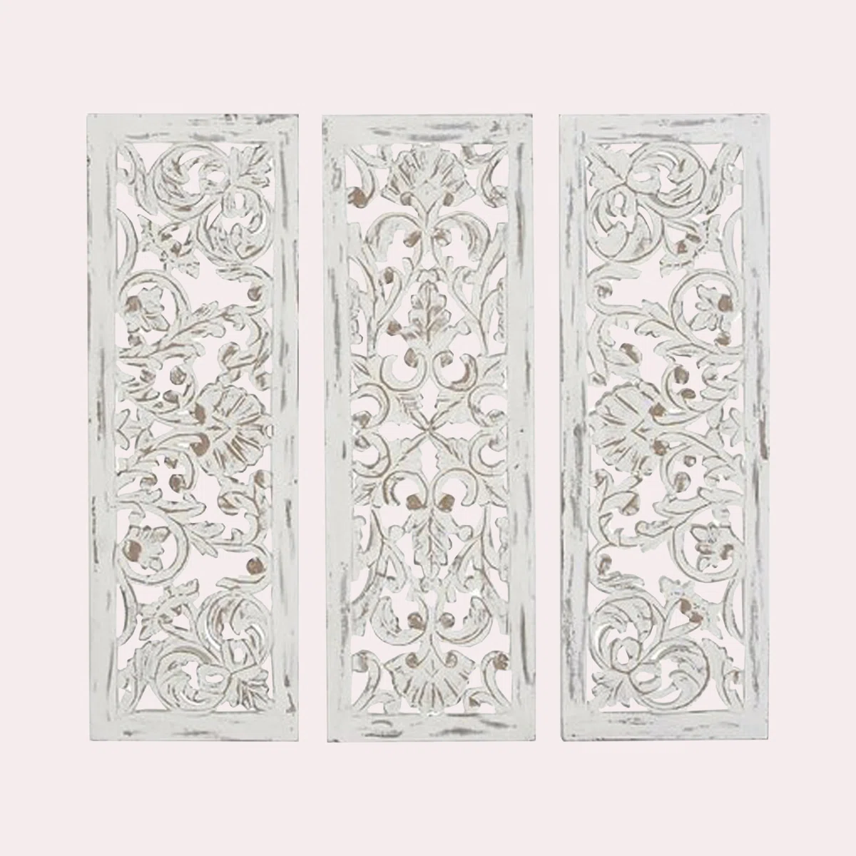 Set of 3 white carved wood wall panels with floral patterns, handmade solid wood decor Aesthetic craft Set of 3 white carved wood wall panels with floral patterns, handmade solid wood decor Aesthetic craft