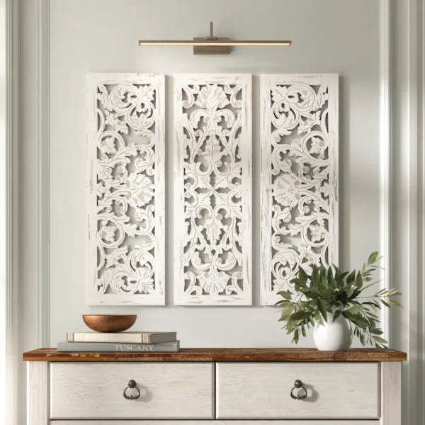 Set of 3 white carved wood wall panels with floral patterns, handmade solid wood decor Aesthetic craft