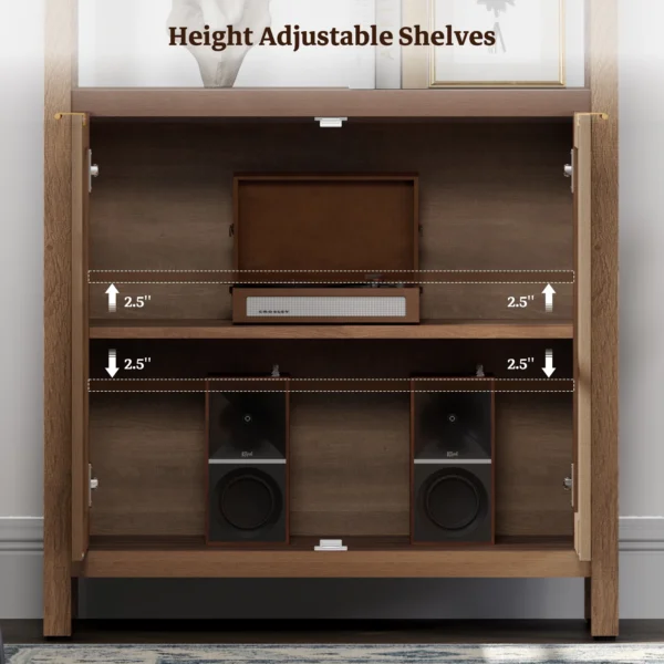 Tall wooden rattan bookshelf with cabinet doors, styled in a modern living room. Aesthetic craft
