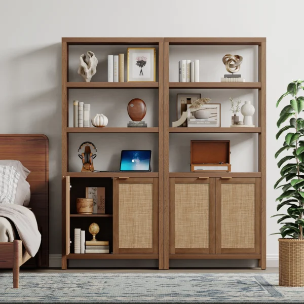 Tall wooden rattan bookshelf with cabinet doors, styled in a modern living room. Aesthetic craft