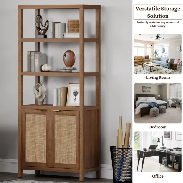 Tall wooden rattan bookshelf with cabinet doors, styled in a modern living room. Aesthetic craft