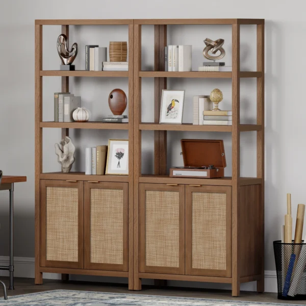 Tall wooden rattan bookshelf with cabinet doors, styled in a modern living room. Aesthetic craft