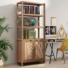 Tall wooden rattan bookshelf with cabinet doors, styled in a modern living room. Aesthetic craft
