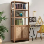 5-Shelf Bookcase with Rattan Doors – Tall Storage Cabinet
