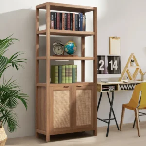 Tall wooden rattan bookshelf with cabinet doors, styled in a modern living room. Aesthetic craft