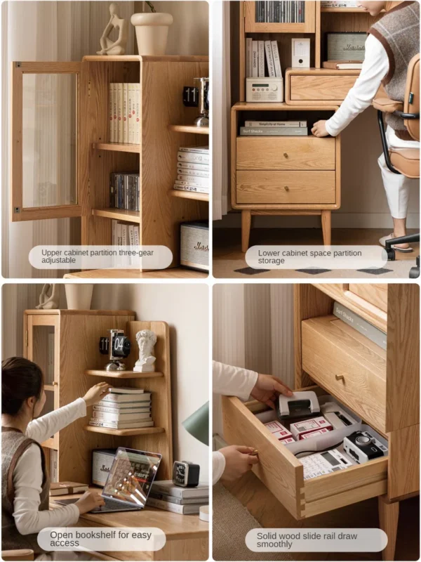 bookshelf desk combination, drawers, shelves, and glass cabinet Aesthetic craft