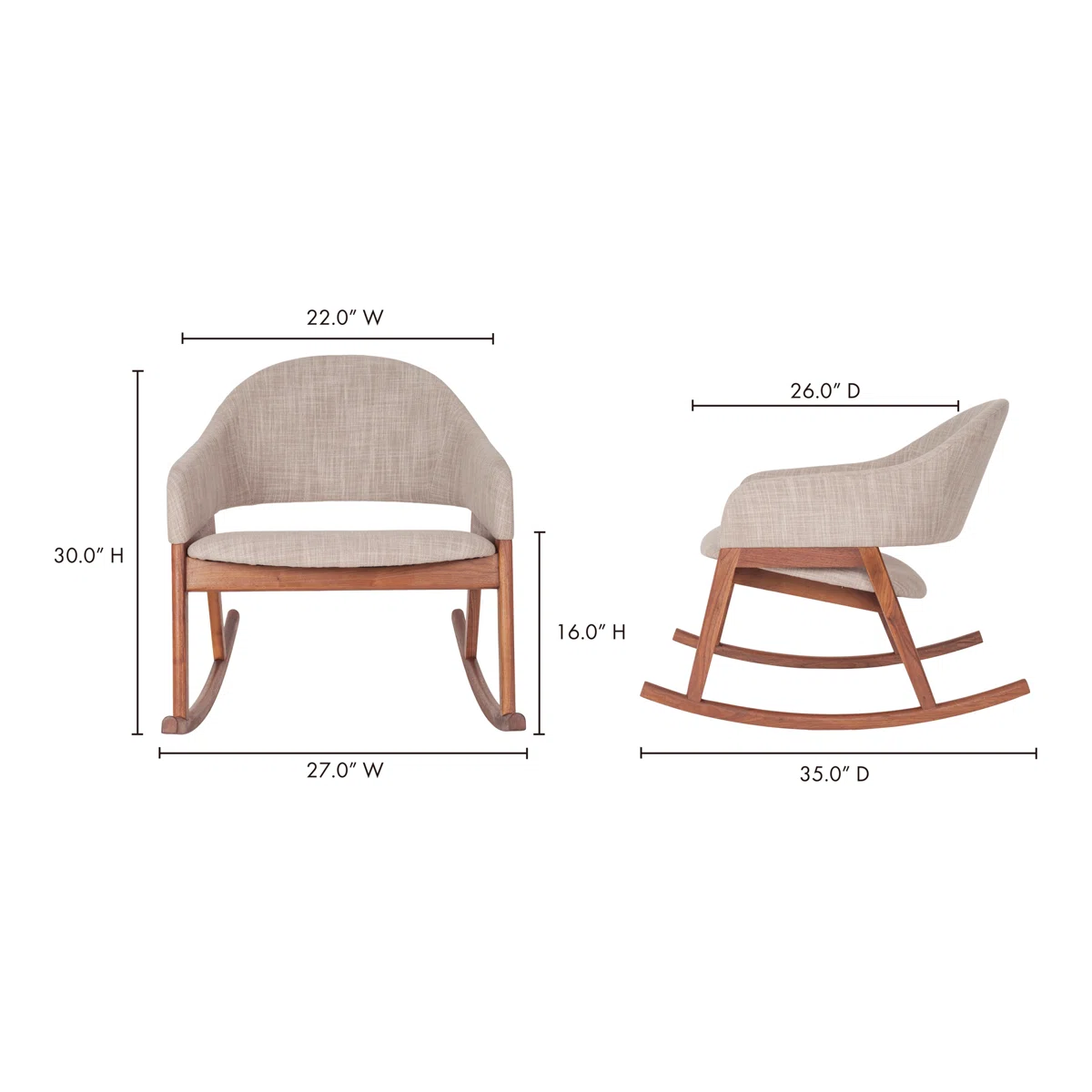 Modern rocking chair with wide cushioned seat and wooden rocker base Aesthtic craft Modern rocking chair with wide cushioned seat and wooden rocker base Aesthtic craft