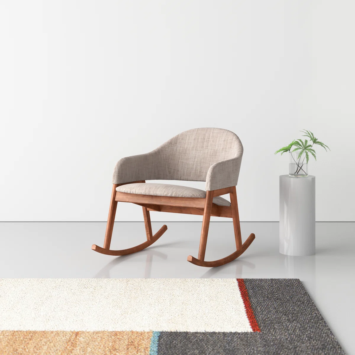 Modern rocking chair with wide cushioned seat and wooden rocker base Aesthtic craft