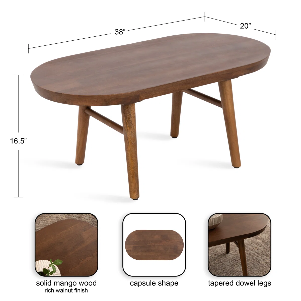 Oval coffee table with tapered legs – natural and brown Aesthetic craft