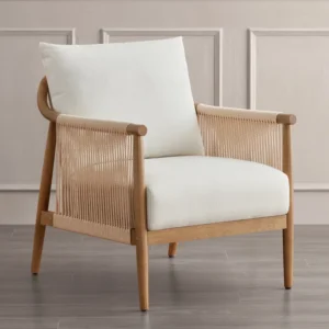 Upholstered bamboo design armchair with paper cord armrests and mid-century style Aesthetic craft