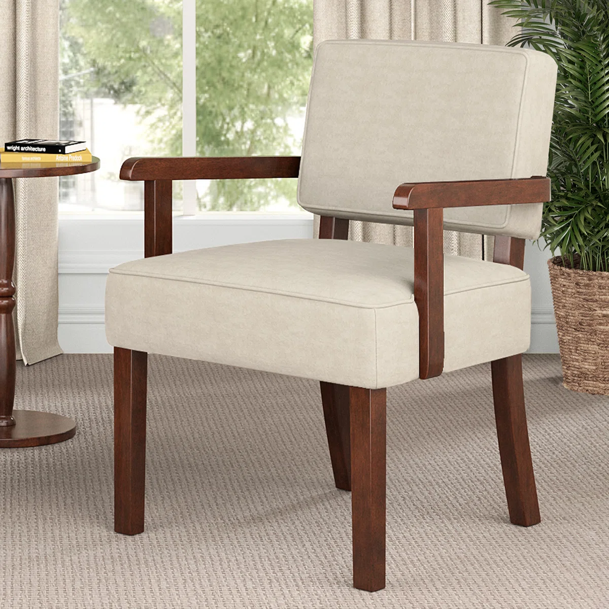Upholstered accent armchair with white cushions for living room Aesthetic craft