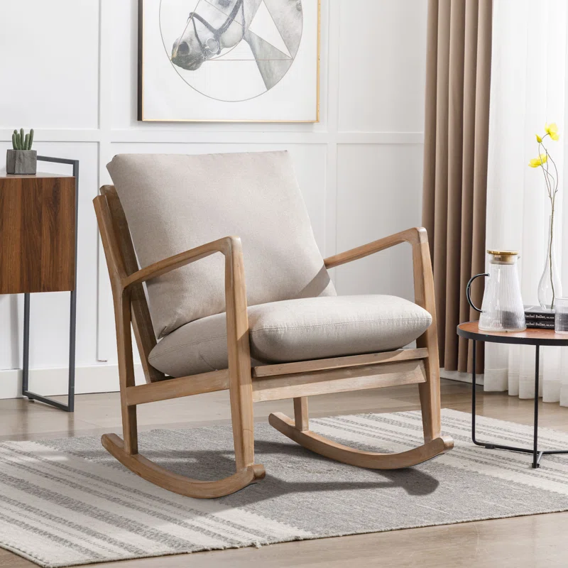 Modern rocking chair with wide soft arms, wooden frame, and removable cushion Aesthtetic craft