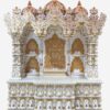 Large handcrafted teak wood mandir in white and gold polish with intricate carvings