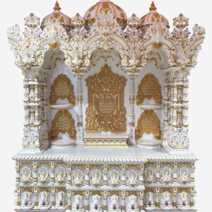 Large handcrafted teak wood mandir in white and gold polish with intricate carvings
