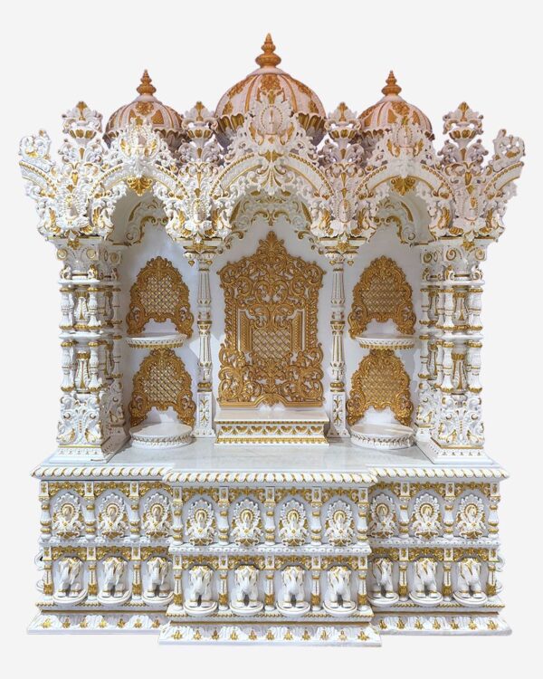 Large handcrafted teak wood mandir in white and gold polish with intricate carvings