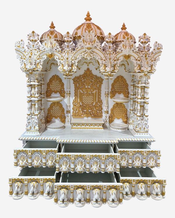 Large handcrafted teak wood mandir in white and gold polish with intricate carvings