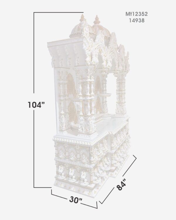 Large handcrafted teak wood mandir in white and gold polish with intricate carvings