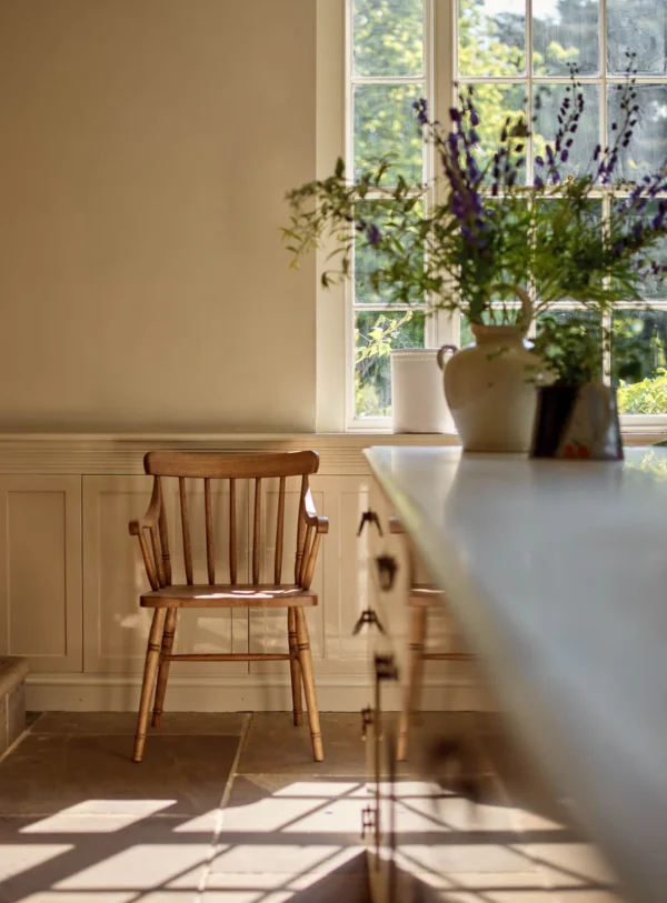 Pine wood Arm Carver Chair with carved arms and backrest, rustic dining accent chair
