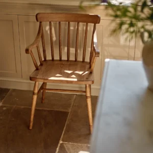 Pine wood Arm Carver Chair with carved arms and backrest, rustic dining accent chair