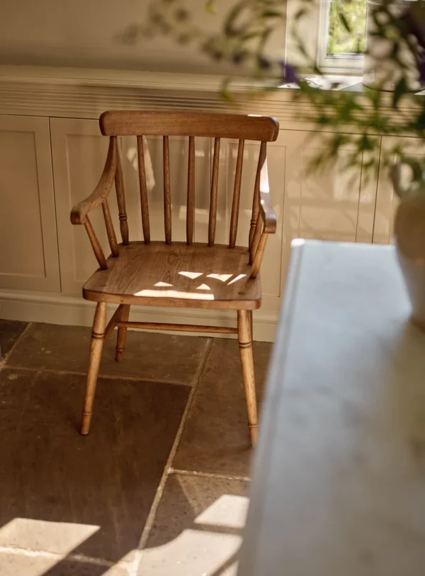 Pine wood Arm Carver Chair with carved arms and backrest, rustic dining accent chair