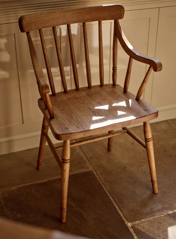 Pine wood Arm Carver Chair with carved arms and backrest, rustic dining accent chair