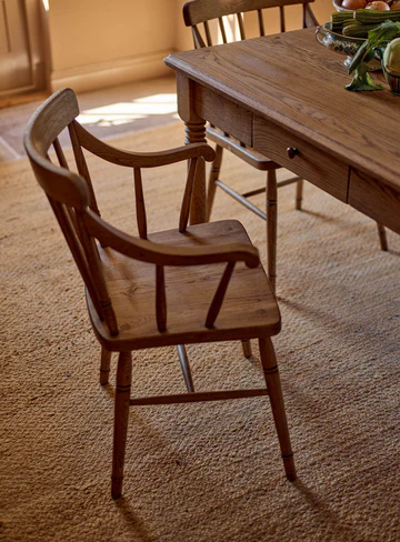 Pine wood Arm Carver Chair with carved arms and backrest, rustic dining accent chair