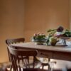 5-piece dining set with square table and 4 wooden chairs in natural brown finish