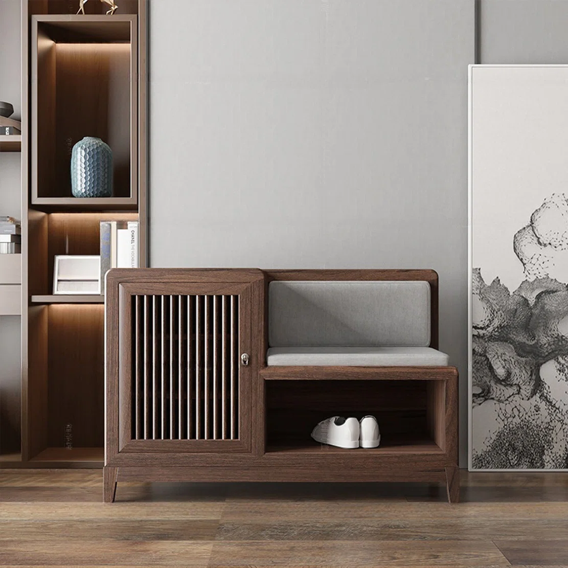 Brown mango wood shoe cabinet with cushion and door – wooden shoe bench for entryway storage Aesthetic craft