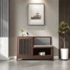 Brown mango wood shoe cabinet with cushion and door – wooden shoe bench for entryway storage Aesthetic craft