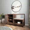 Brown mango wood shoe cabinet with cushion and door – wooden shoe bench for entryway storage Aesthetic craft