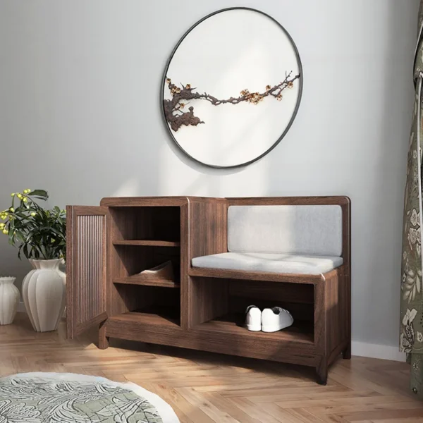 Brown mango wood shoe cabinet with cushion and door – wooden shoe bench for entryway storage Aesthetic craft