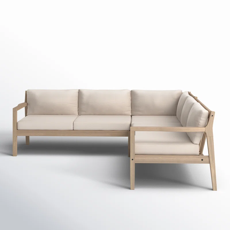 3-piece outdoor L-shaped sofa sectional in natural teak wood with beige olefin fabric cushions 3-piece outdoor L-shaped sofa sectional in natural teak wood with beige olefin fabric cushions