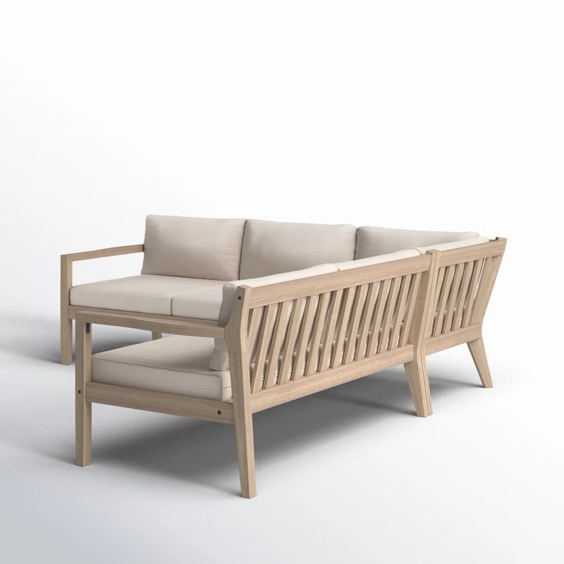 3-piece outdoor L-shaped sofa sectional in natural teak wood with beige olefin fabric cushions 3-piece outdoor L-shaped sofa sectional in natural teak wood with beige olefin fabric cushions
