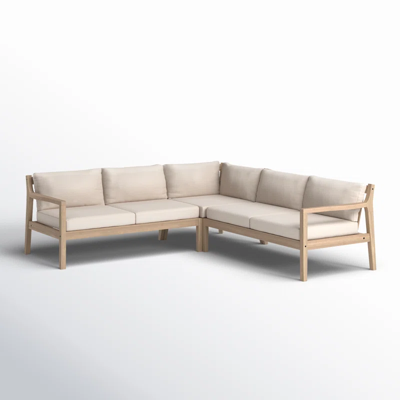 3-piece outdoor L-shaped sofa sectional in natural teak wood with beige olefin fabric cushions